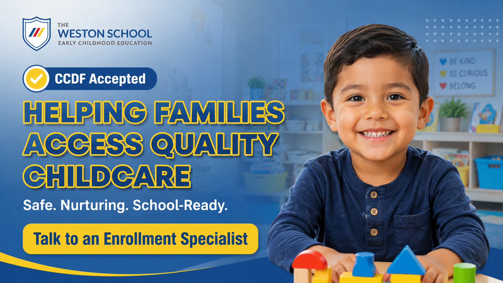 CCDF Accepted childcare banner for The Weston School, featuring a smiling child in a classroom and promoting safe, nurturing, school-ready early childhood education in Indiana.