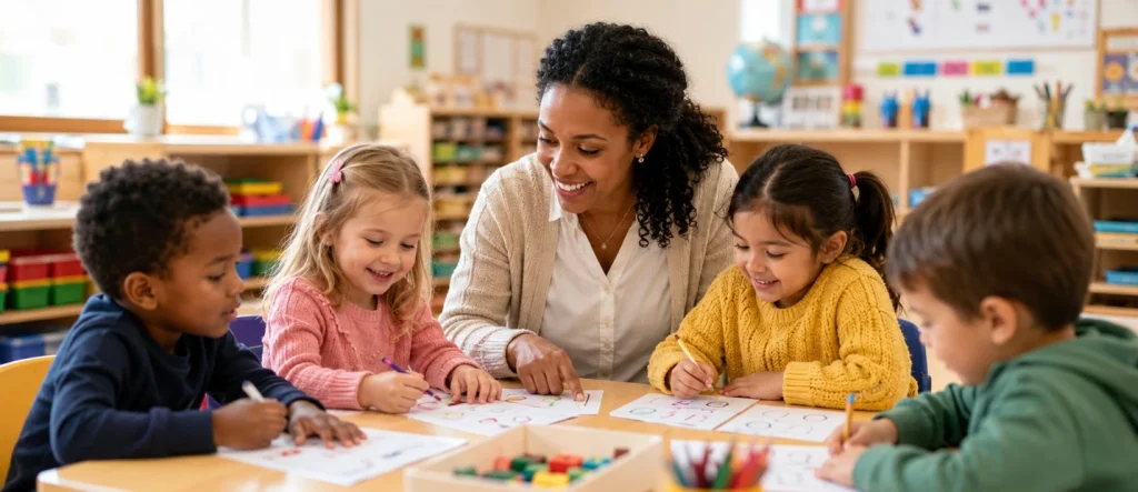 Preschool and Pre-K students building kindergarten readiness skills with a teacher at The Weston School