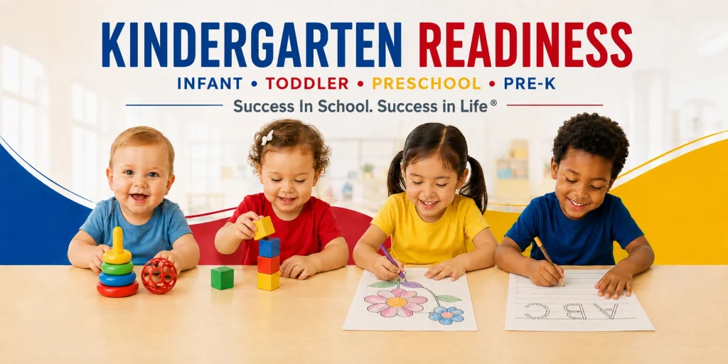 Children in infant, toddler, preschool, and Pre-K stages learning and playing at The Weston School in a bright classroom.