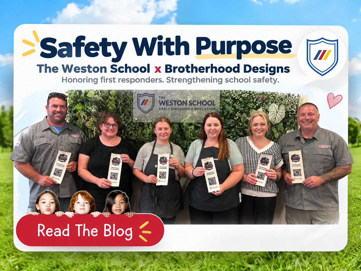 The Weston School team with Brotherhood Designs representatives holding retired fire hose safety sleeves in Indiana
