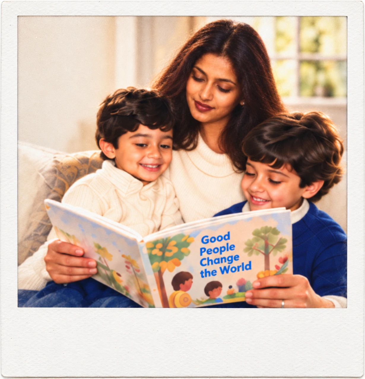 Nazli Khan, founder of The Weston School, reading a picture book titled Good People Change the World with her two young sons in 1986