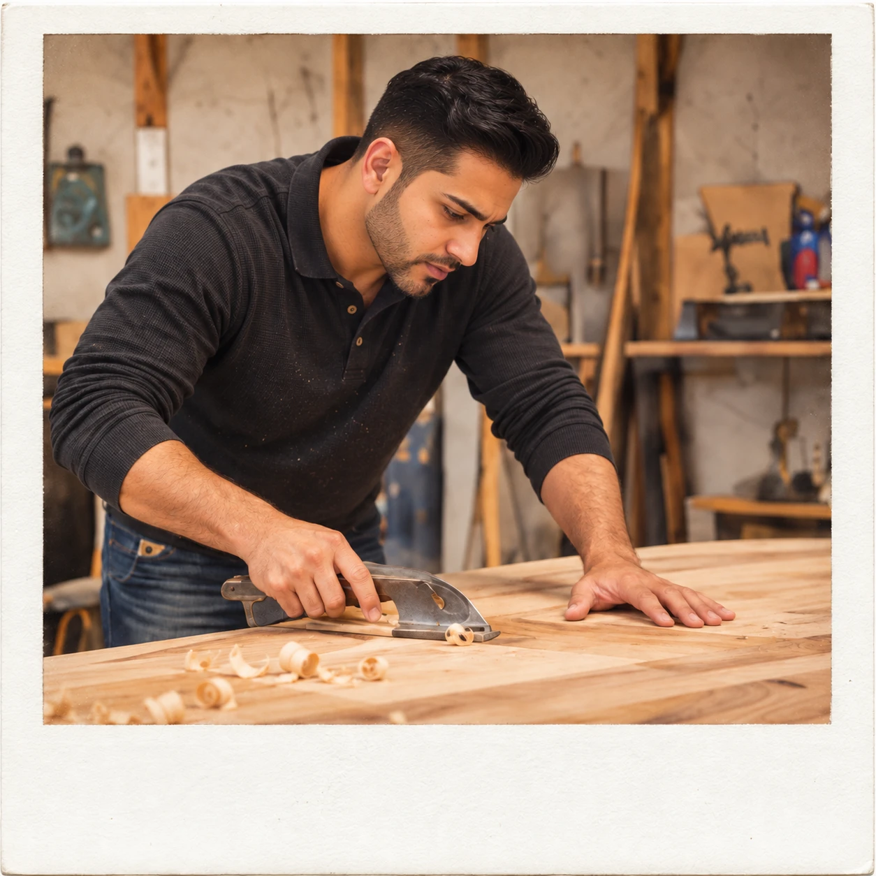 Omar Khan hand-building a wooden conference table in a workshop for The Weston School