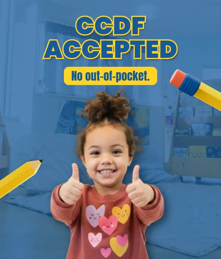 Smiling child giving thumbs up at The Weston School, representing CCDF childcare in Indiana with no overage and no extra fees for eligible families.